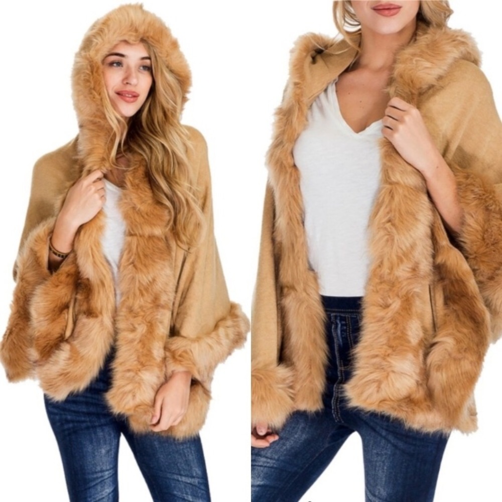 Hooded Faux Fur Trim Cape